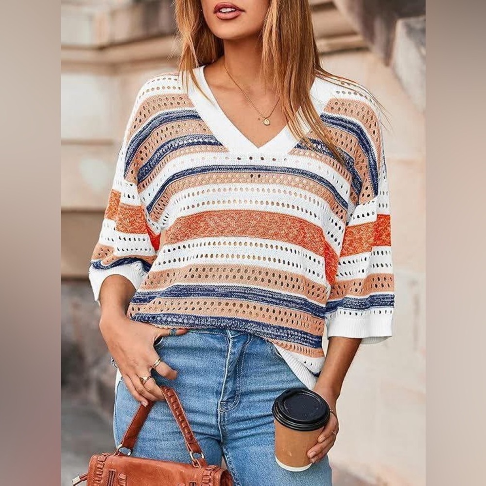 NWT Short Sleeve Crochet Open Knit Sweater Small Striped Top Beach Vacation